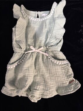Tahari Light Sage Green Cotton Gauze Romper with cute trim